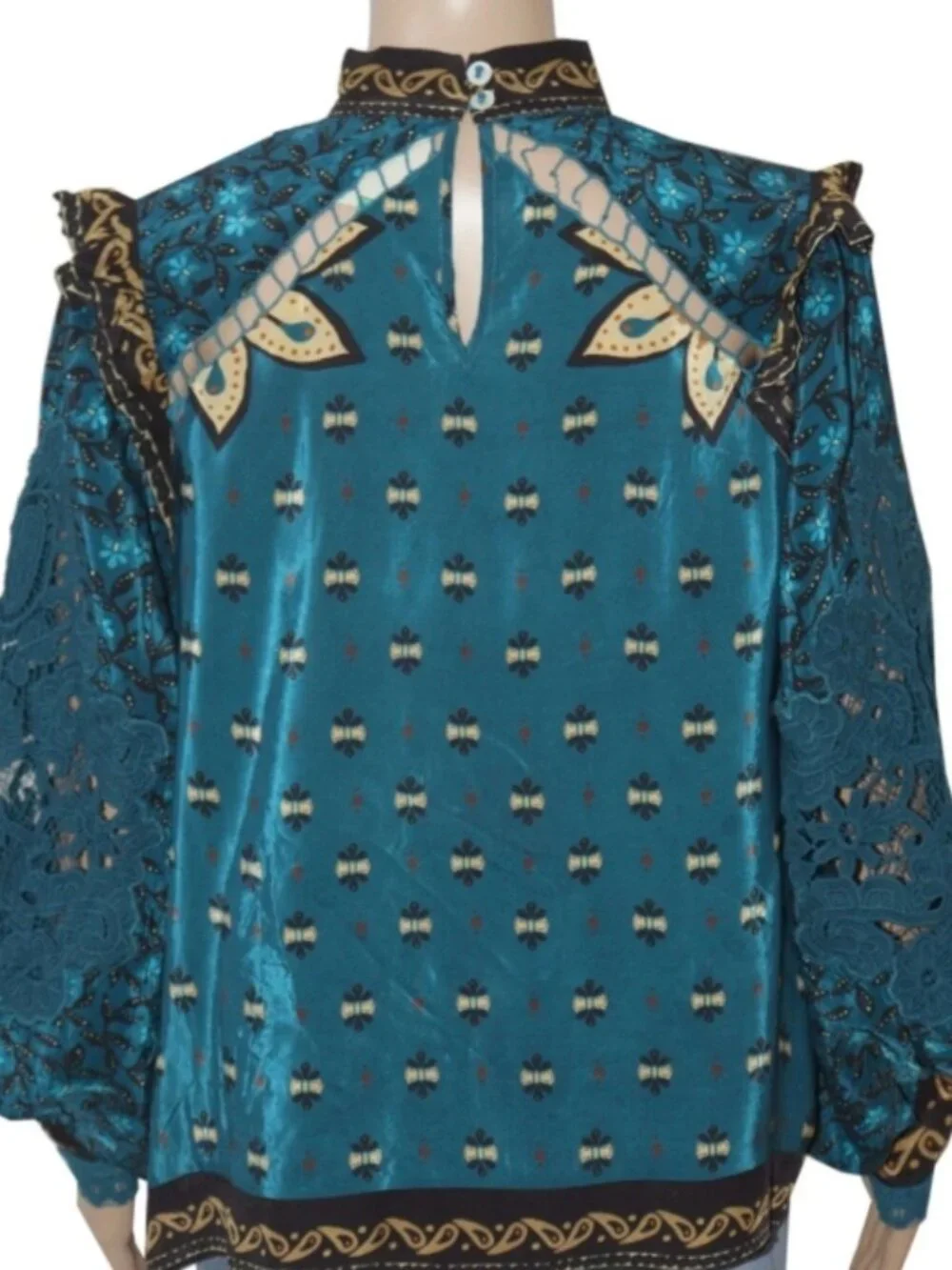 Farm Ainika Chill Blue Long Sleeve Blouse Top Crochet Embroidered S
